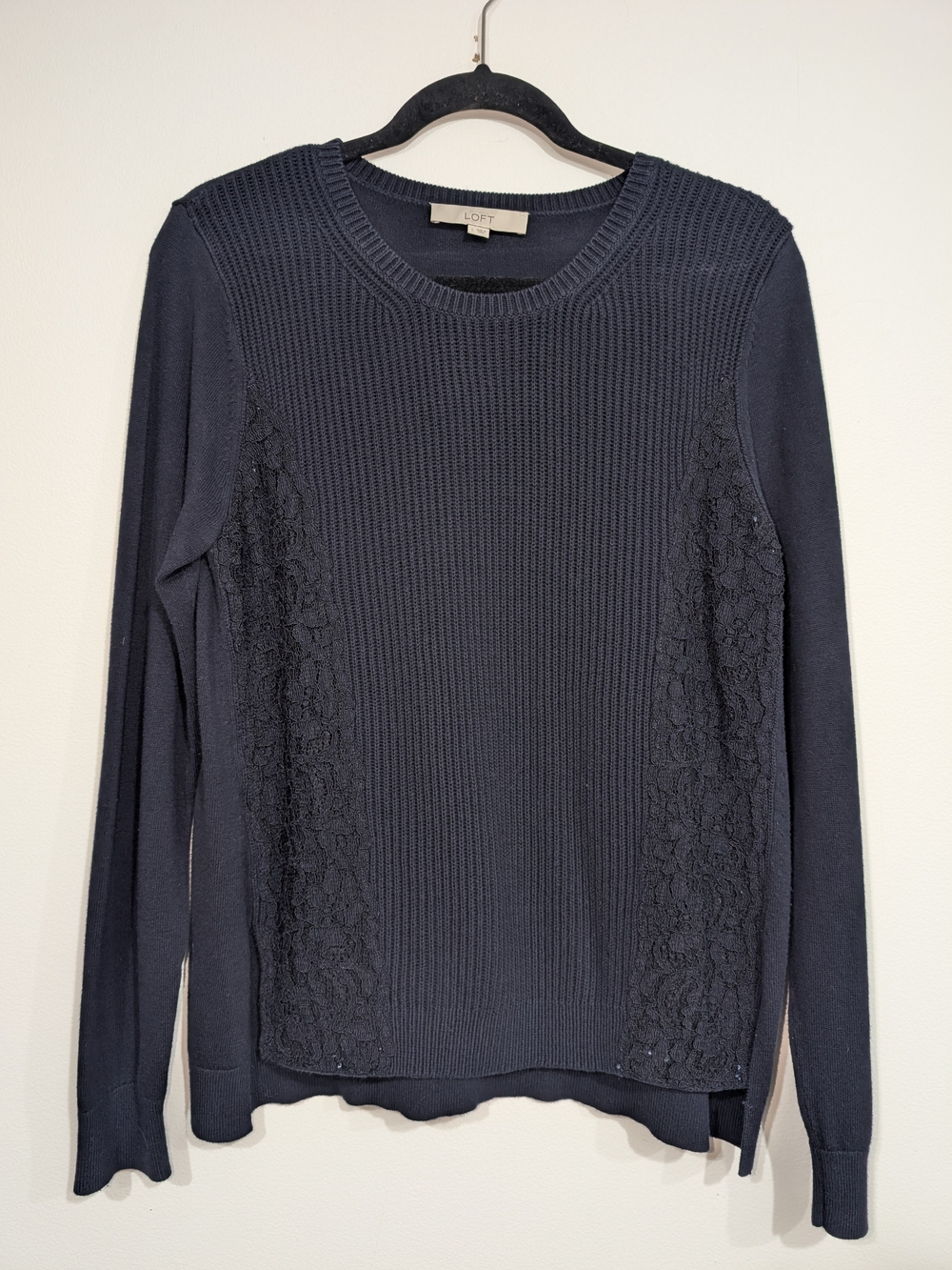 LOFT Navy Blue Lace Trim Crewneck Pullover Sweater Women's LG Cotton Rayon Silk